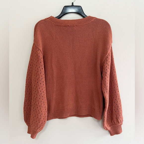 Wrap London Cotton Crochet-Detail Puff Sleeve Sweater, Dusty Brown Pink, US 2 - Picture 3 of 10